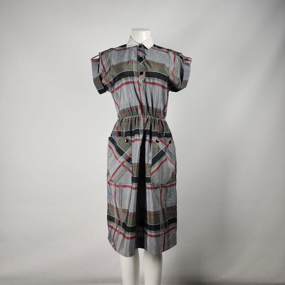 Vintage Leslie Fay Grey Plaid Collared Midi Dress Size S/M - Picture 1 of 11